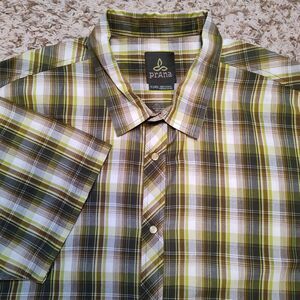 Prana Green Plaid Men Sz XL Pearl‎ Snap Short Sleeve Shirt